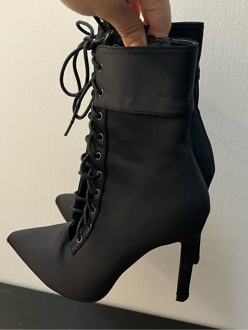 Black Lace-Up Pointed-Toe Stiletto Ankle Boots - Women